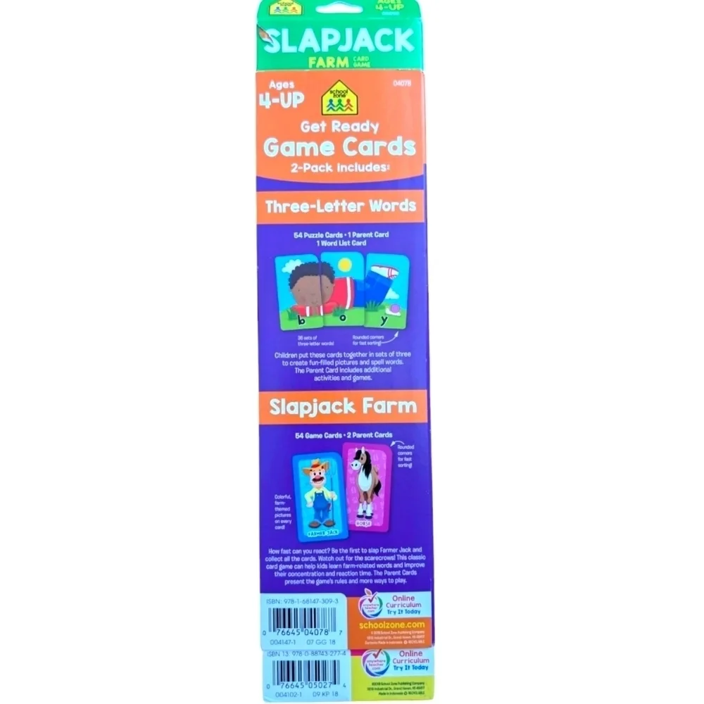 NWT School Zone Game Cards Slapjack Farm and Three Letter Words Age 3 Plus